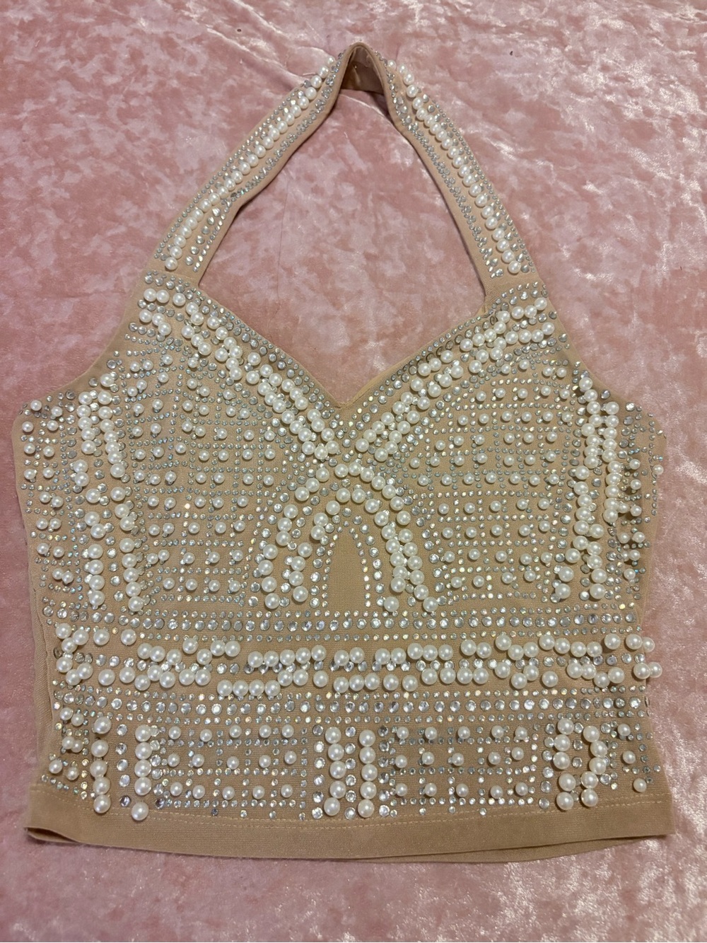 Banjul Nude Pearl & Rhinestone Embellished Mesh Top